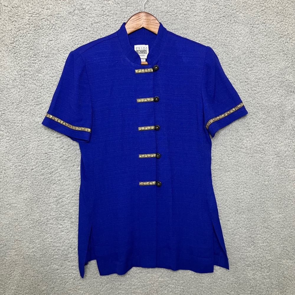 Vtg RM Richards Kimono Top Women 6P Blue Mandarin Collar Artsy Frog Closure 90s